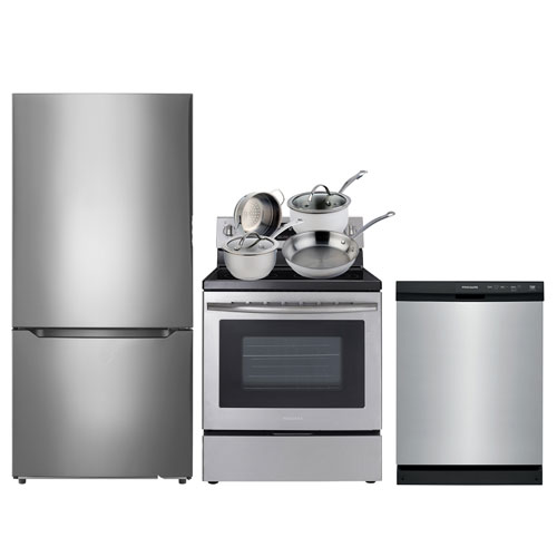 Insignia 30" Bottom Freezer Refrigerator; Electric Convection Range; Dishwasher; 6-Piece Cookware Set -Stainless