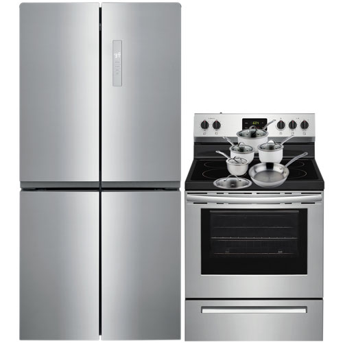 Frigidaire 33" 17.4 Cu. Ft. French Door Refrigerator; Electric Range; Cookware Package - Stainless Steel