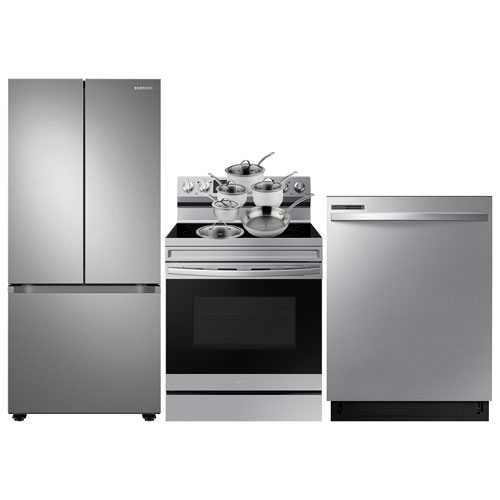Samsung 30" 22.1 Cu. Ft. French Door Refrigerator; Electric Range; Dishwasher; Cookware Set - Stainless