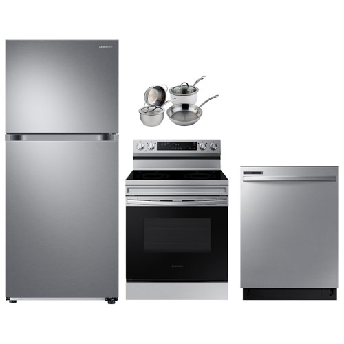 Samsung 30" 17.6 Cu. Ft. Top Freezer Refrigerator; Electric Range; Dishwasher; Cookware Set - SS