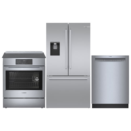 Bosch 30 4.6 Cu. Ft. Slide In Induction Range French Door Refrigerator Dishwasher Stainless Steel