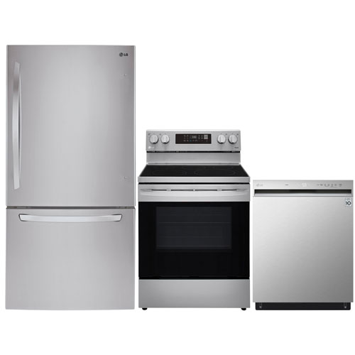 LG 30" 22.1 Cu. Ft. Bottom Freezer Refrigerator; Air Fry Range; Dishwasher - Stainless Steel