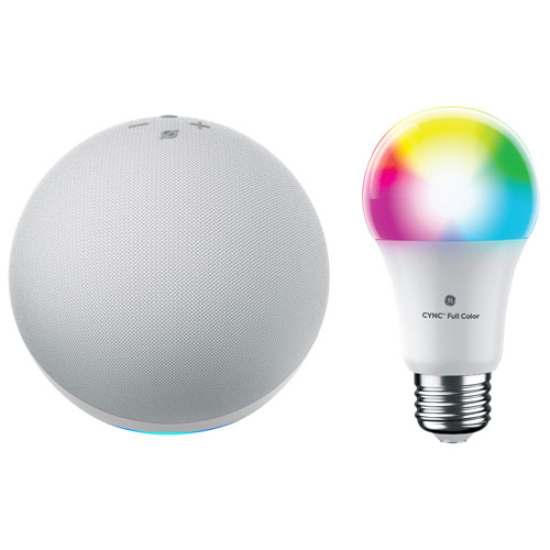 Amazon Echo Smart Home Hub & GE Cync A19 Smart LED Light Bulb - Glacier White/Multi-Colour