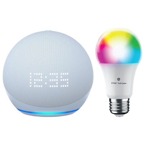 Amazon Echo Dot Smart Speaker & GE Cync A19 Smart LED Light Bulb - Cloud Blue/Multi-Colour
