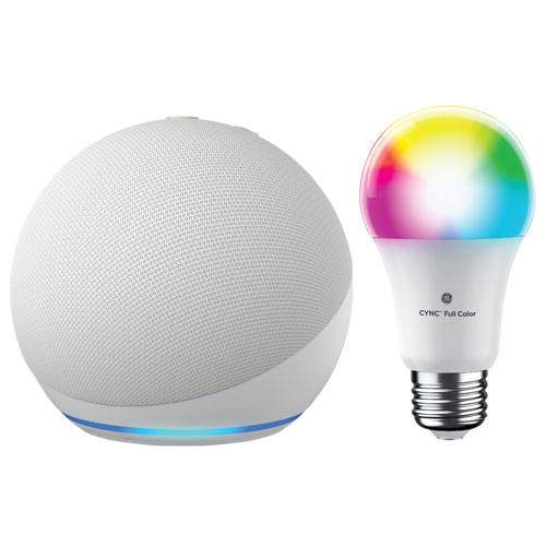 Amazon Echo Dot Smart Speaker & GE Cync A19 Smart LED Light Bulb - Glacier White/Multi-Colour