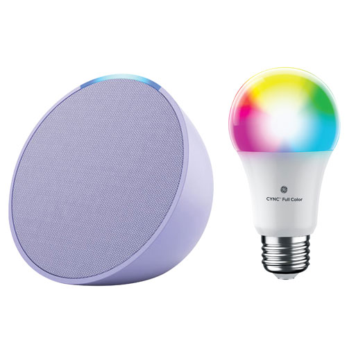 Haut-parleur intelligent Echo Pop d'Amazon et ampoule DEL intelligente Cync A19 de GE - Lavande/Multicolore