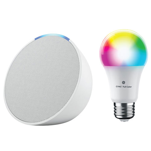 Amazon Echo Pop Smart Speaker & GE Cync A19 Smart LED Light Bulb - Glacier White/Multi-Colour