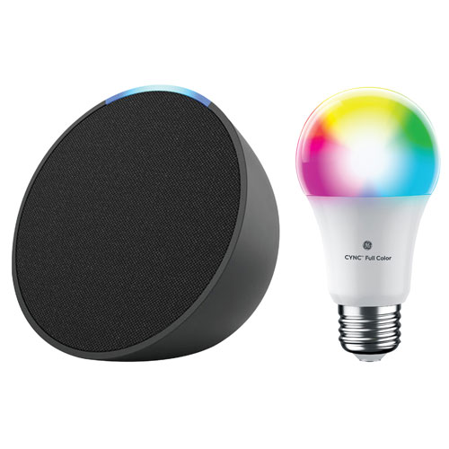 Amazon Echo Pop Smart Speaker & GE Cync A19 Smart LED Light Bulb - Charcoal/Multi-Colour