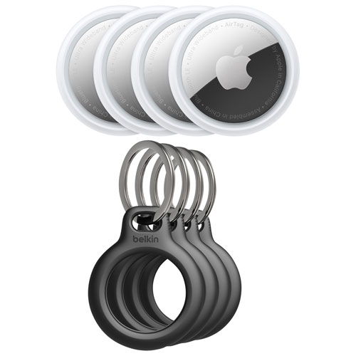 Dispositif de repérage Bluetooth AirTag d'Apple avec porte-clés - Ensemble de 4 - Blanc/Noir