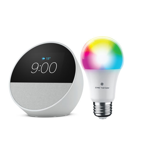 Amazon Echo Spot Smart Alarm Clock with Alexa & Smart LED Light Bulb - Glacier/ Multi-Colour