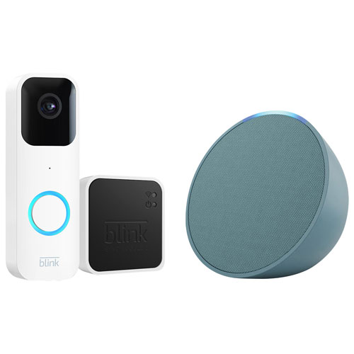 Blink Wired/Wire-Free Video Doorbell with Sync Module 2 & Amazon Echo Pop Smart Speaker - White/Midnight Teal