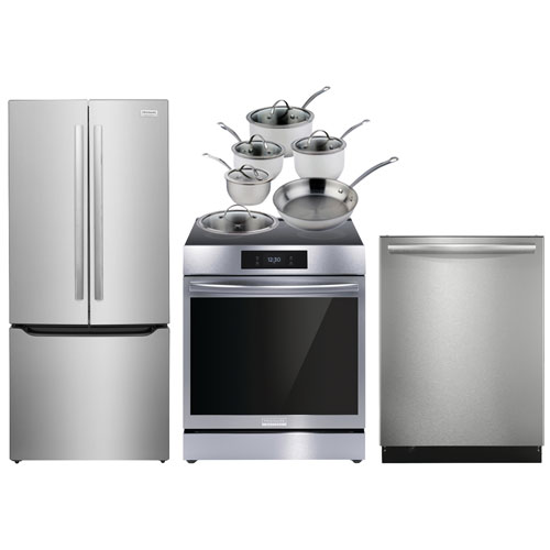 Frigidaire Gallery 30" 20 Cu. Ft. French Door Refrigerator; Air Fry Range; Dishwasher; Cookware Set - SS