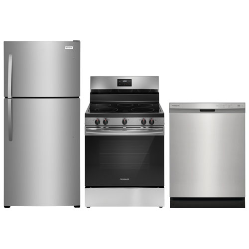 Frigidaire 30" 20 Cu. Ft. Top Freezer Refrigerator; Electric Range; Dishwasher - Stainless Steel