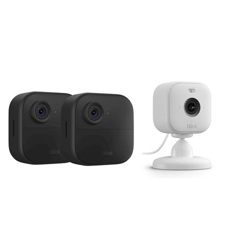 Système de surveillance à caméras IP sans fil Outdoor 4 de Blink - Ensemble de 2 avec caméra IP d'intérieur/d'extérieur Mini 2 - Noir/Blanc