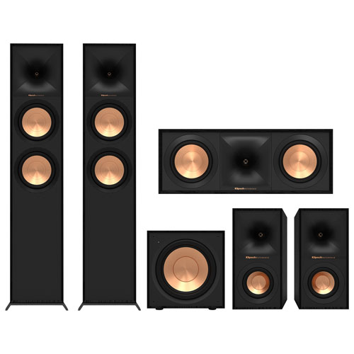 Klipsch Dual R600F 400W 2-Way Tower Speakers w/ Center Channel Speaker, Subwoofer & Bookshelf Speakers - Black