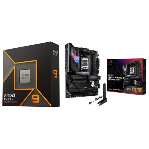 Processeur 12 coeurs Ryzen 9 9900X 5,6 GHz d'AMD et carte mère de jeu ROG Strix X870E-E Wi-Fi 7 AM5 DDR5 d'ASUS