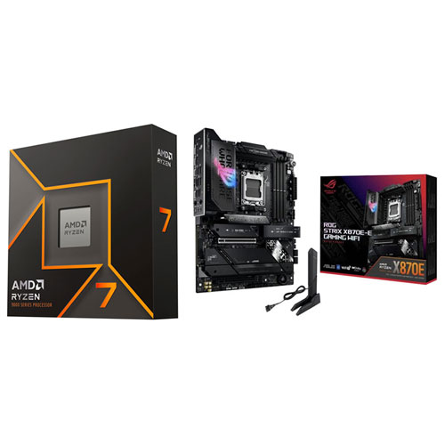 Processeur octocoeur Ryzen 7 9700X 5,5 GHz d'AMD et carte mère de jeu ROG Strix X870E-E Wi-Fi 7 AM5 DDR5 d'ASUS