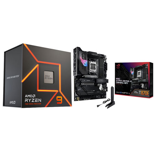 Processeur 12 coeurs Ryzen 9 7900X3D 4,4 GHz d'AMD et carte mère de jeu ROG Strix X870E-E Wi-Fi 7 AM5 DDR5 d'ASUS