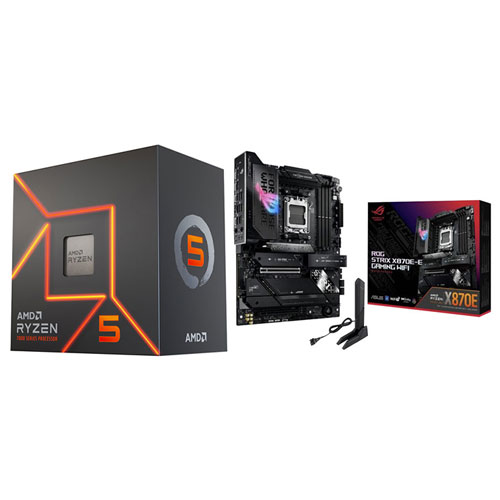 Processeur hexacoeur Ryzen 5 7600 4 GHz d'AMD et carte mère de jeu ROG Strix X870E-E Wi-Fi 7 AM5 DDR5 d'ASUS