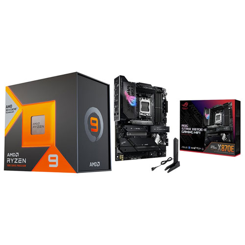 Processeur 16 coeurs Ryzen 9 7950X3D 4,2 GHz d'AMD et carte mère de jeu ROG Strix X870E-E Wi-Fi 7 AM5 DDR5 d'ASUS