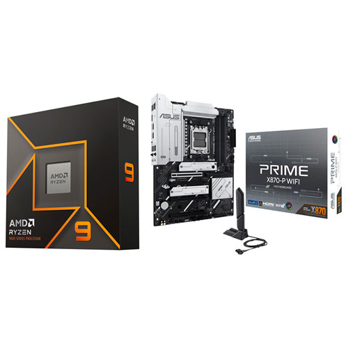 Processeur 16 coeurs AM5 Ryzen 9 9950X de 5,7 GHz d'AMD et carte mère PRIME X870-P Wi-Fi 7 AM5 DDR5 d'ASUS