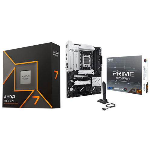 Processeur octocoeur AM5 Ryzen 7 9700X de 5,5 GHz d'AMD et carte mère PRIME X870-P Wi-Fi 7 AM5 DDR5 d'ASUS