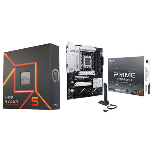 Processeur hexacoeur AM5 Ryzen 5 7600X de 4,7 GHz d'AMD et carte mère PRIME X870-P Wi-Fi 7 AM5 DDR5 d'ASUS