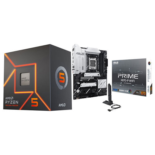 Processeur d'ordinateur de bureau hexacoeur Ryzen 5 7600 4 GHz d'AMD et carte mère PRIME X870-P Wi-Fi 7 AM5 DDR5 d'ASUS