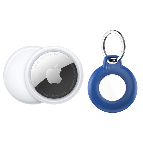 Apple AirTag Bluetooth Item Tracker with Belkin Waterproof Secure Holder with Key Ring - White/Blue