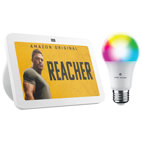 Amazon Echo Show 8 Smart Display w/Spatial Audio & Alexa & GE Cync A19 Smart LED Light Bulb- Glacier