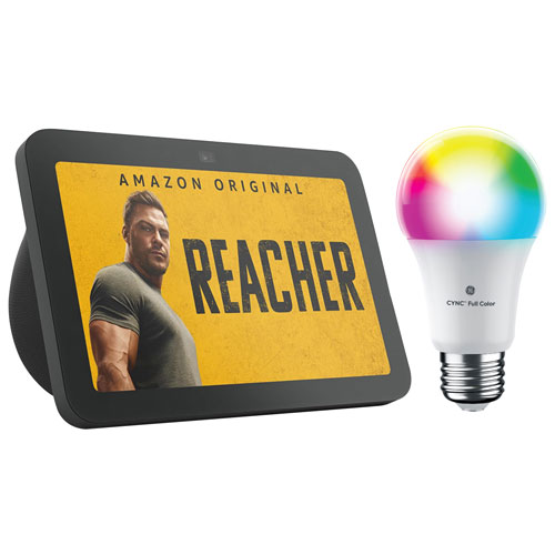 Amazon Echo Show 8 Smart Display w/Spatial Audio/Alexa & GE Cync A19 Smart LED Light Bulb - Charcoal