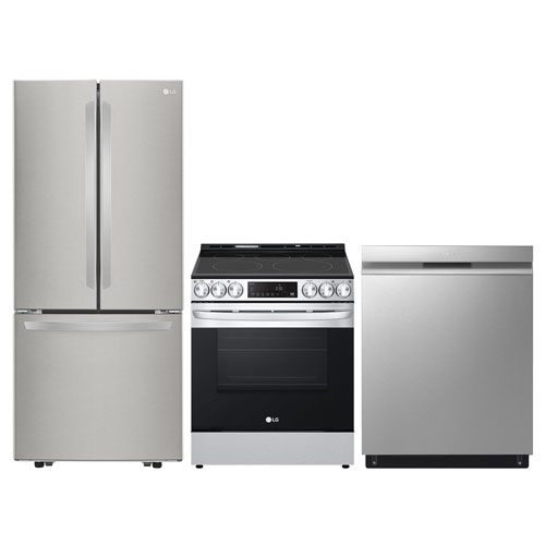 LG 30" 21.8 Cu. Ft. French Door Refrigerator; Electric Air Fry Range; Dishwasher - Stainless Steel