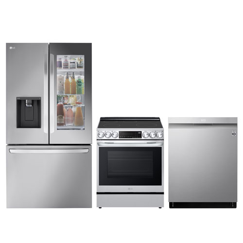 LG 36" 26 Cu. ft. Smart Mirror InstaView Counter-Depth MAX French Door Refrigerator; Range; Dishwasher - SS