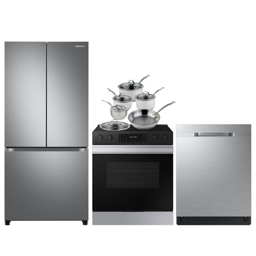 Samsung 33" 17.5 Cu. Ft. Counter-Depth French Door Refrigerator; Range; Dishwasher; Cookware Set - SS