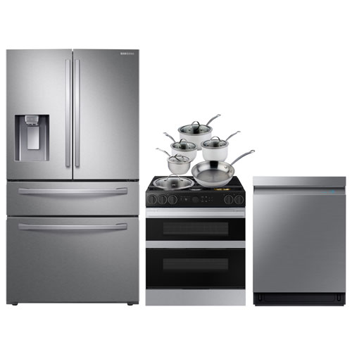 Samsung 30" Cu. Ft. Double Oven 5-Burner Air Fry Range; Refrigerator; Dishwasher; Cookware Set - SS