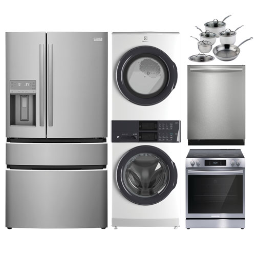 Frigidaire Gallery 36" 21.5 Cu. Ft. French Door Refrigerator; Washer & Dryer; Range; Dishwasher; Cookware Set