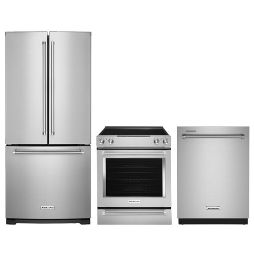 Cuisinière électrique encastrable à 5 éléments avec convection véritable 6,4 pi³ 30 po; Réfrigérateur; Lave-vaisselle de KitchenAid - Acier inoxydable