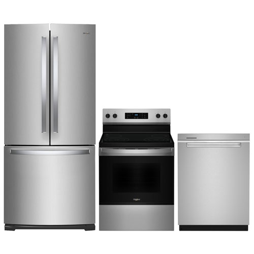 Whirlpool 30" 19.7 Cu. Ft. French Door Refrigerator with LED Lighting; Range; Dishwasher - Stainless Steel