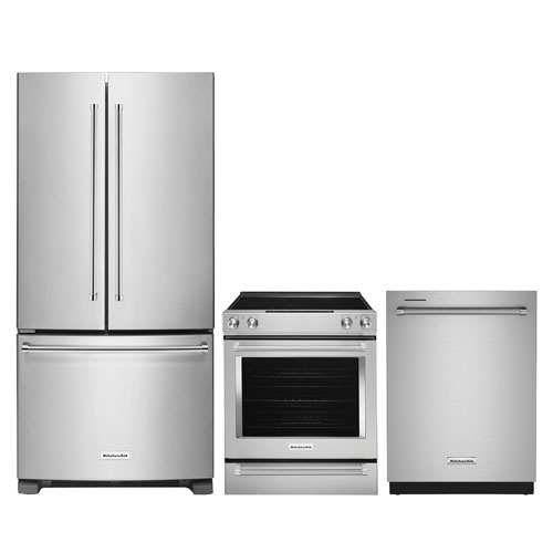 Réfrigérateur à deux portes 22,1 pi³ 33 po; Cuisinière; Lave-vaisselle de KitchenAid - Acier inoxydable