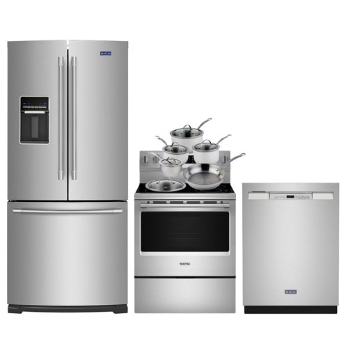 Maytag 30" 19.7 Cu. Ft. French Door Refrigerator; Range; Dishwasher; Cookware Set - Stainless Steel