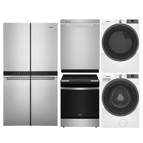 Réfrigérateur 19,4 pi³ 36 po; Cuisinière à induction et friture à air; Laveuse à vapeur; Sécheuse Whirlpool - Acier inoxydable