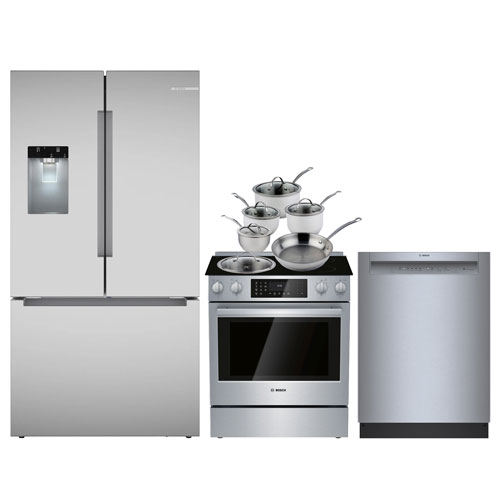 Bosch 30" 4.6 Cu. Ft. True Convection Slide-In Induction Range; Refrigerator; Dishwasher; Cookware Set - SS