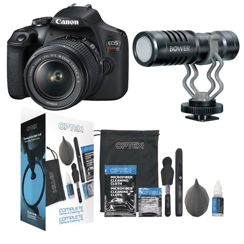 Canon EOS Rebel T7 DSLR Camera with 18-55mm IS Lens Kit; Condenser Microphone with Cleaning Kit