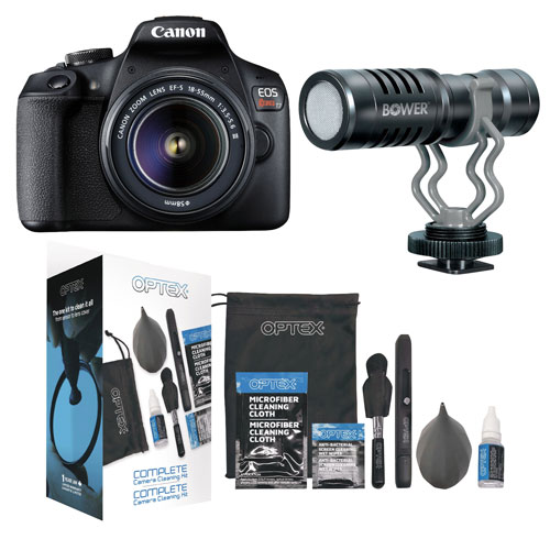 Canon EOS Rebel T7 DSLR Camera with 18-55mm Lens Kit; Condenser Microphone with Cleaning Kit