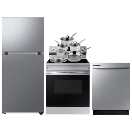 Samsung 30" Top Freezer Refrigerator; Electric Range; Dishwasher; Cookware Set - Stainless Steel