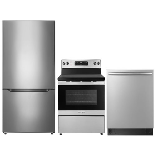 Image 1 de 1.. Réfrigérateur à congélateur inférieur 18,6 pi³ 30 po; Cuisinière électrique; Lave-vaisselle d'Insignia - Inox