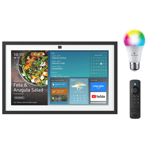 Écran intelligent Echo Show 15 d'Amazon et ampoule DEL intelligente Cync A19 de GE - Multicolore