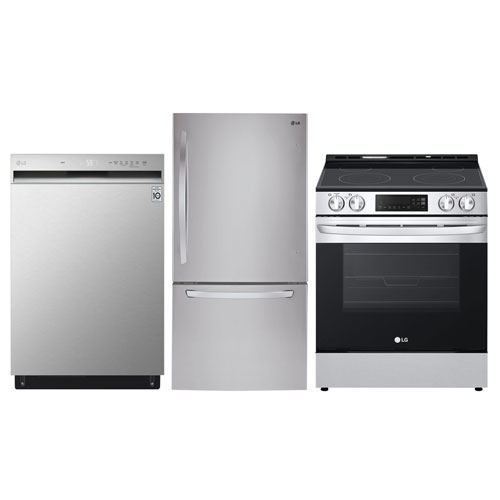 LG 30" 22.1 Cu. Ft. Bottom Freezer Refrigerator; Electric Air Fry Range; Dishwasher - Stainless Steel