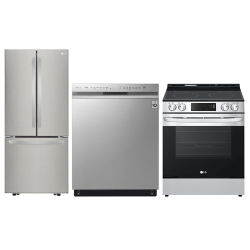 LG 30" 21.8 Cu. Ft. French Door Refrigerator; Electric Air Fry Range; Dishwasher - Stainless Steel