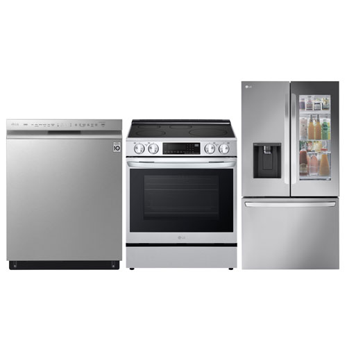 LG 36" 26 Cu. Ft. InstaView MAX French Door Refrigerator; Induction Air Fry Range; Dishwasher - Stainless